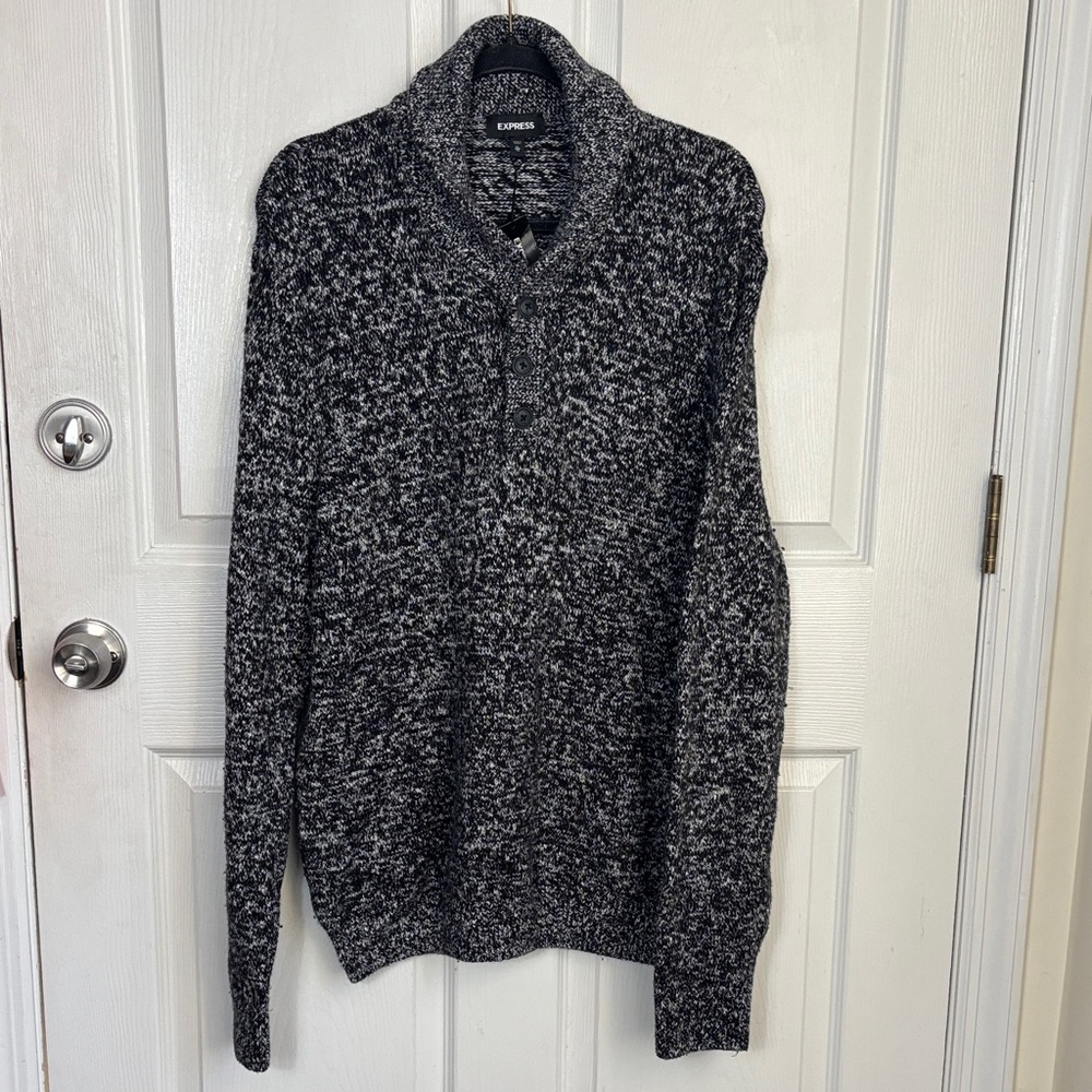 NEW EXPRESS Shawl Collar sweater cotton wool stretch black white speckled sz XL